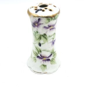Antique Nippon Hand Painted Porcelain Hat Pin Holder Purple Floral Metallic Gold